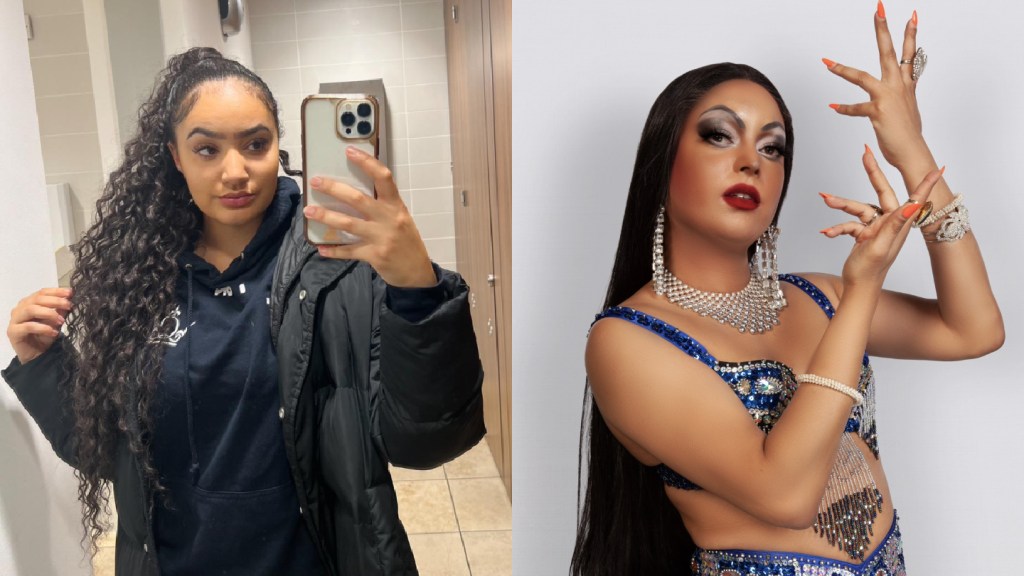 Young mixed-race woman taking selfie and Pakistani drag queen Asifa Lahore in costume