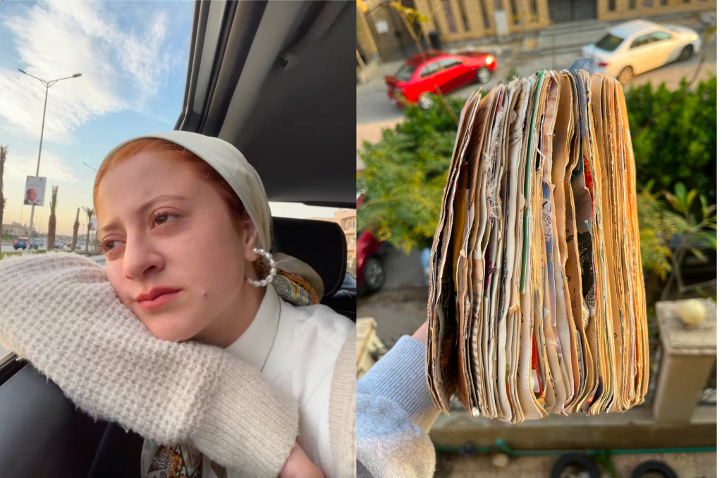 Salma Shurrab, journaling - left: redhead woman dressed in cream looking outside a car window. Right: a journal filled to the brim.