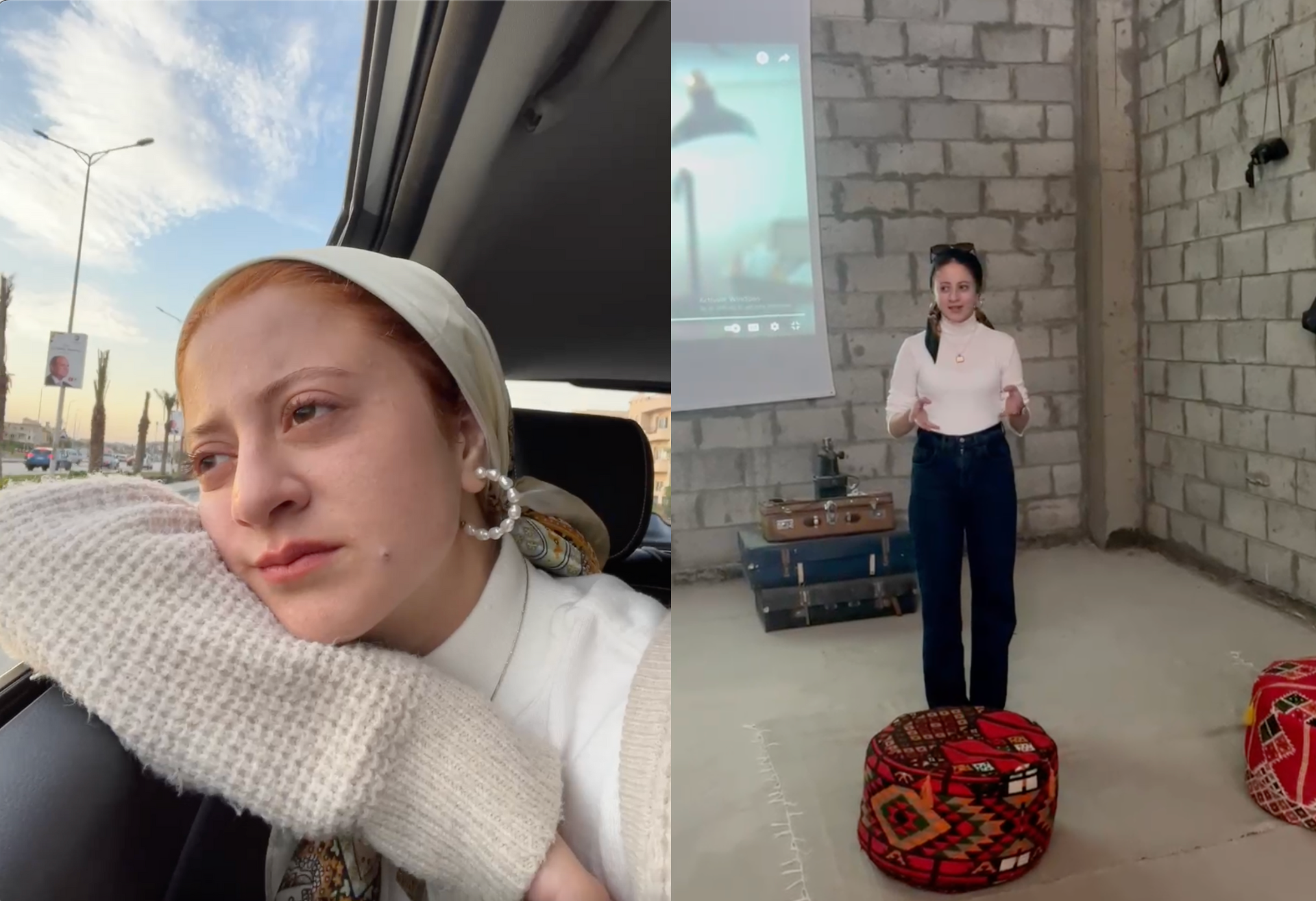 Salma Shurrab – left: redhead woman dressed in cream looking outside a car window. Right: Woman in a scarf doing a presentation in a large room.