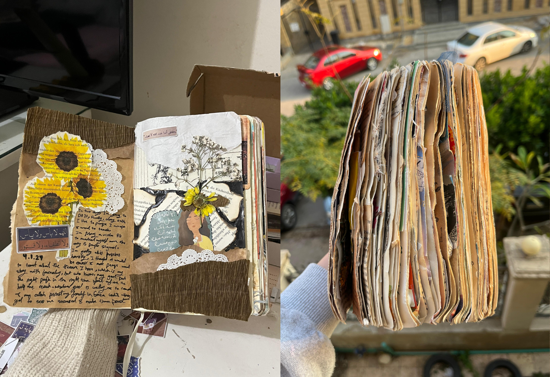 Salma Shurrab, journal – left: open pages of a diary with sunflower decorations. Right: a journal filled to the brim with bookscraps.