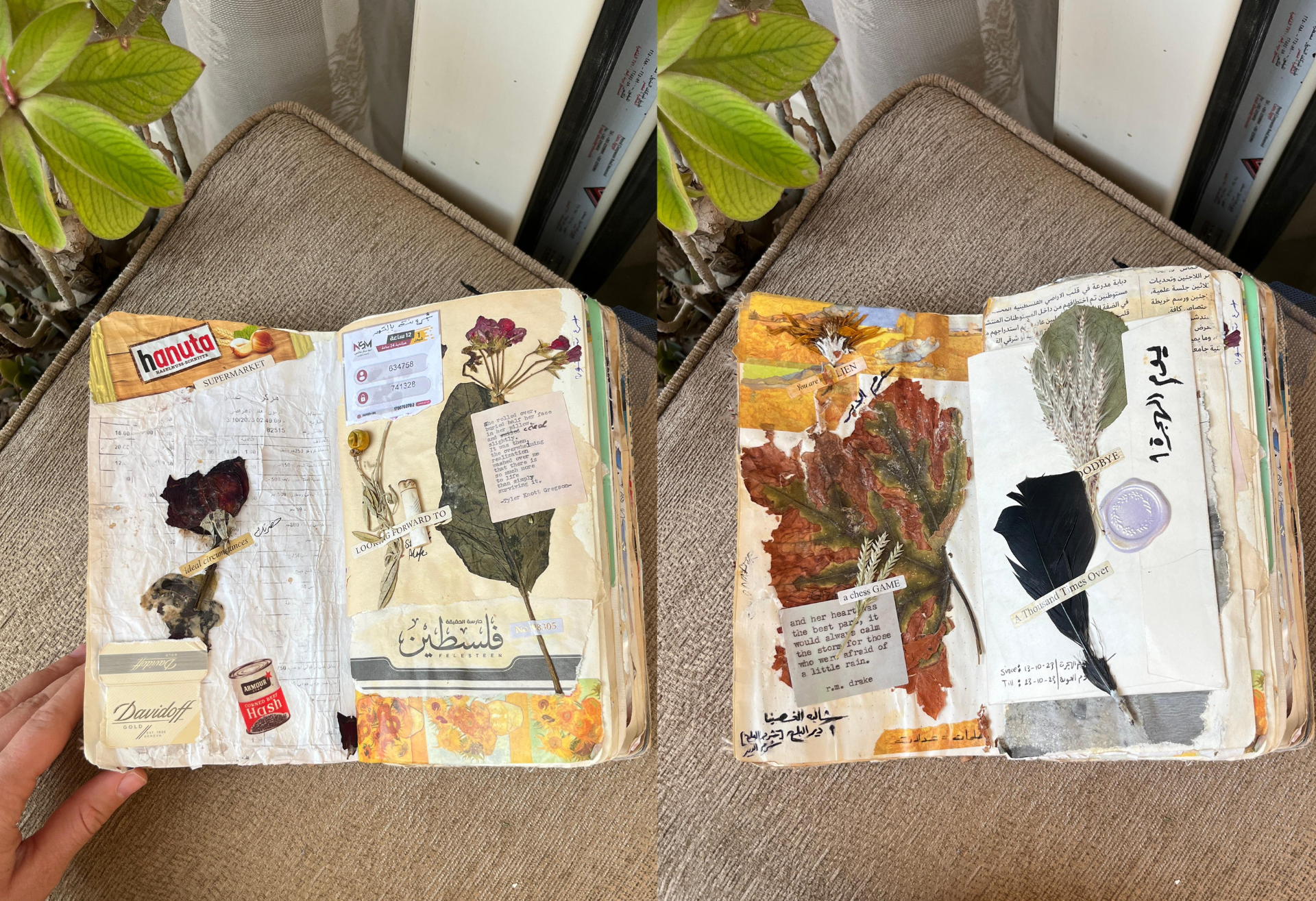 Salma Shurrab, journal – two pages of a diary filled with different scraps including papers, dried leaves and flowers, writings and a feather.