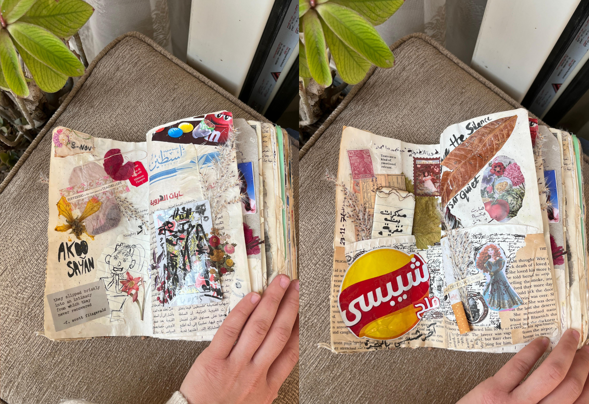 Salma Shurrab, journal – Pages from a journal full of scraps, drawings and decorations.