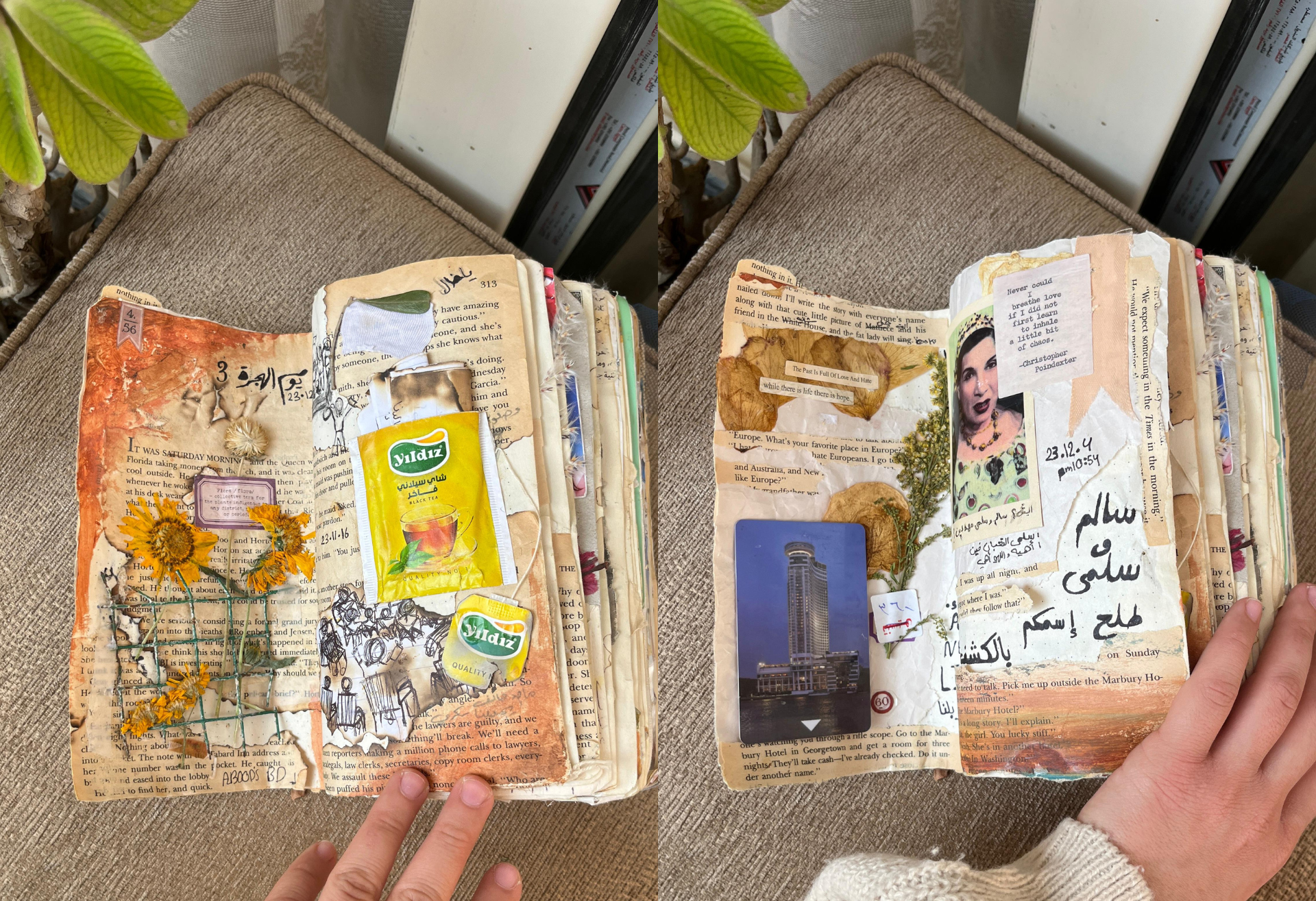 Salma Shurrab, journal – Pages covered in writings, pictues, a tea bag and dried flowers.