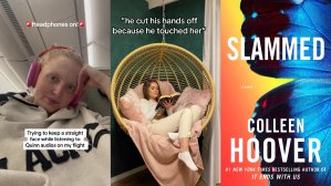 woman listening to quinn erotic audiobook, woman reading a romance novel, and book cover of slammed by colleen hoover