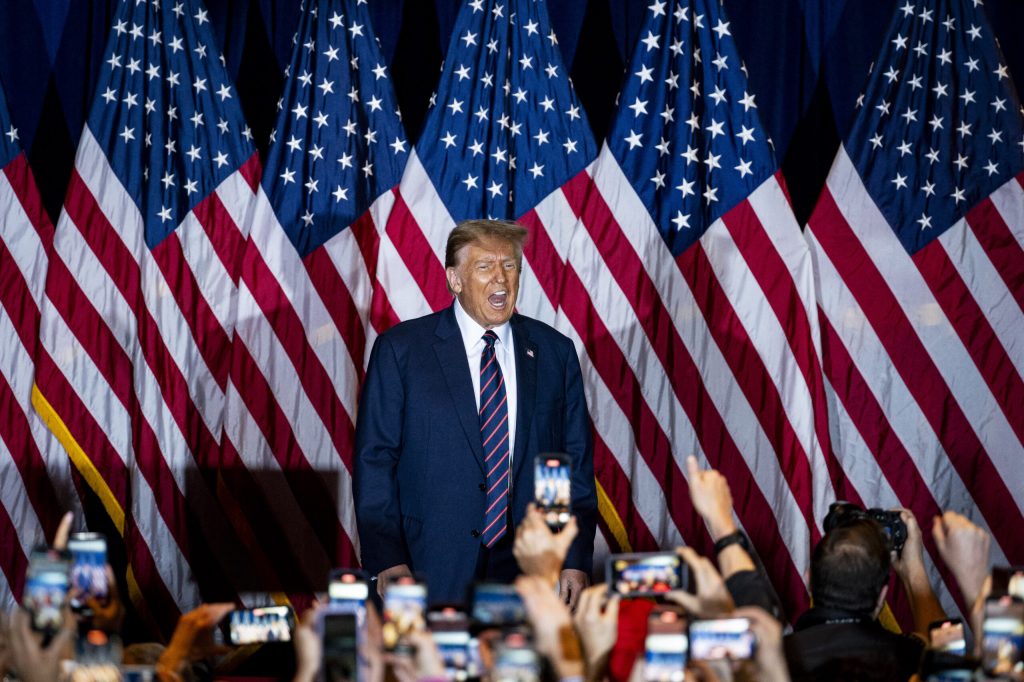 Former US President Donald Trump during a New Hampshire primary election night watch party in Nashua, New Hampshire, US, on Tuesday, Jan. 23, 2024.