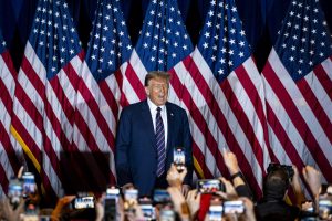 Former US President Donald Trump during a New Hampshire primary election night watch party in Nashua, New Hampshire, US, on Tuesday, Jan. 23, 2024.