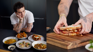 brooklyn beckham uber eats - A collage of two press photos. Left is brooklyn beckham leaning pensively over plates of his dishes. The second is his tattooed arms picking up his breakfast sandwich.