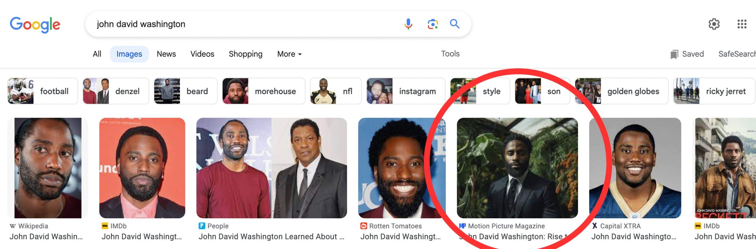 An AI image of actor John David Washington surfacing in Google results.