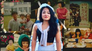 Xiangxia  van den Ham – collage of photos of a young woman (middle) and many of her childhood pictures in the background