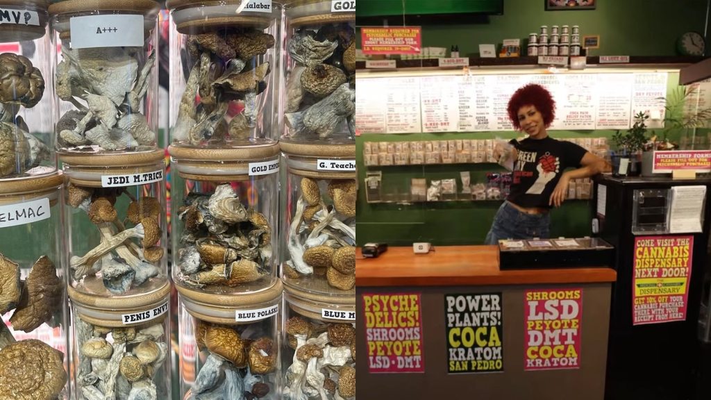 Collage of two photos. Left: Jars of magic mushrooms for sale. Right: A woman stands at the counter of a cafe s