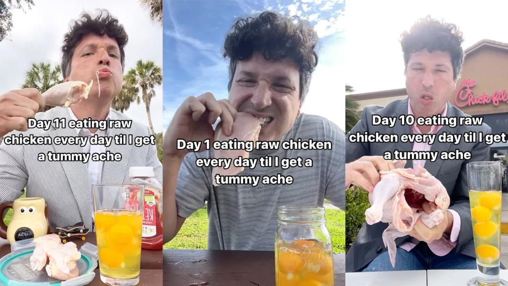 A collage of three images of a man eating raw chicken anddrin