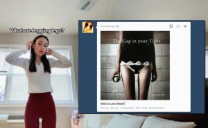 A screenshot of a girl wearing leggings with a gap inbetween thighs with the text 'what are leggings legs'. Collaged on the right hand side is a screenshot of a pro-ana Tumblr add, it's a photo of a thin girl with thin les and a big thigh gap.