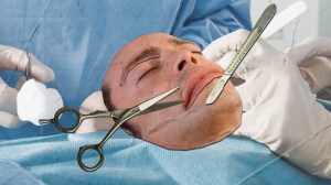 A white mans floating collaged head getting surgery with metal scissorts and scalpal circling.