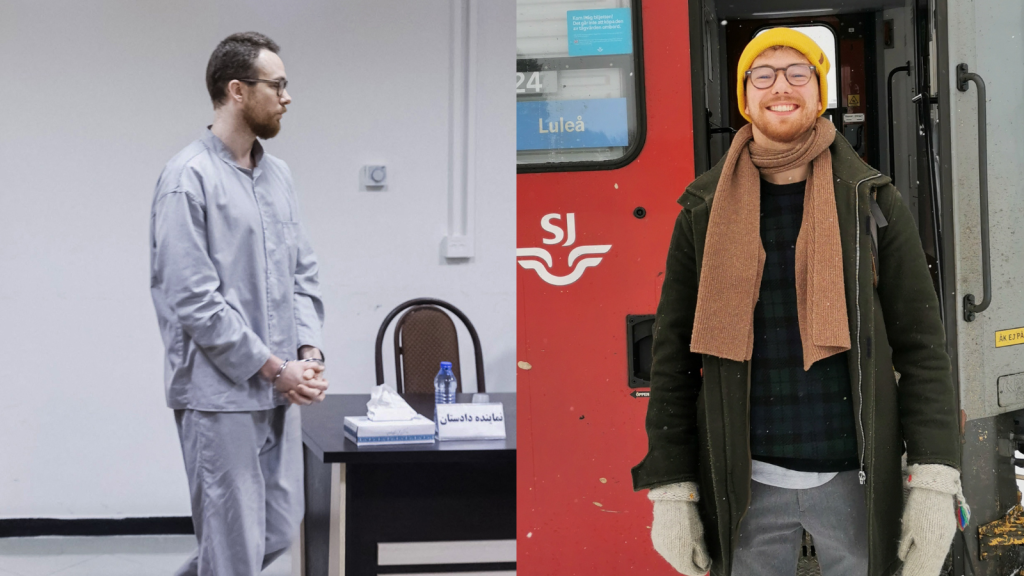 Johan Floderus (L) appears in Iranian court via Getty. Johan Florerus (R) image supplied.