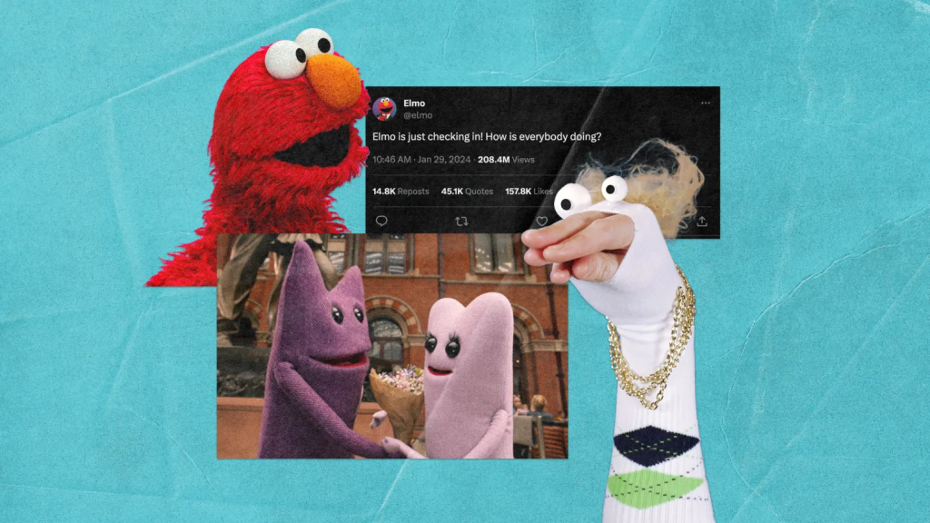 A collage puppets featuring Elmo from Sesame Street and others