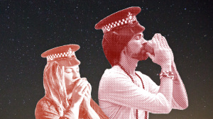 A collage of two hippies drinking ayahuasca with police hats on against a starry night background.