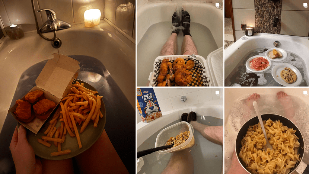 A photo on left of writer eating Maccies in the bath with a plate on her knee. On the right are four screenshots of other people eating food in bath from the Instagram account.