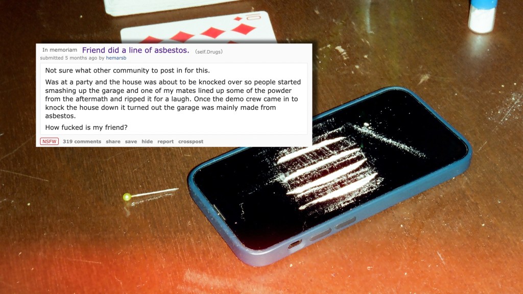 Reddit question about snorting asbestos overlaid on photo of phone with drugs