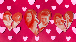 Three different couples in heart split in two on a background of pink hearts.