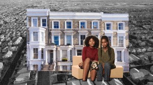 A collage of two friends sitting on cardboard boxes, in front of a row of houses, in front of urban scenery.