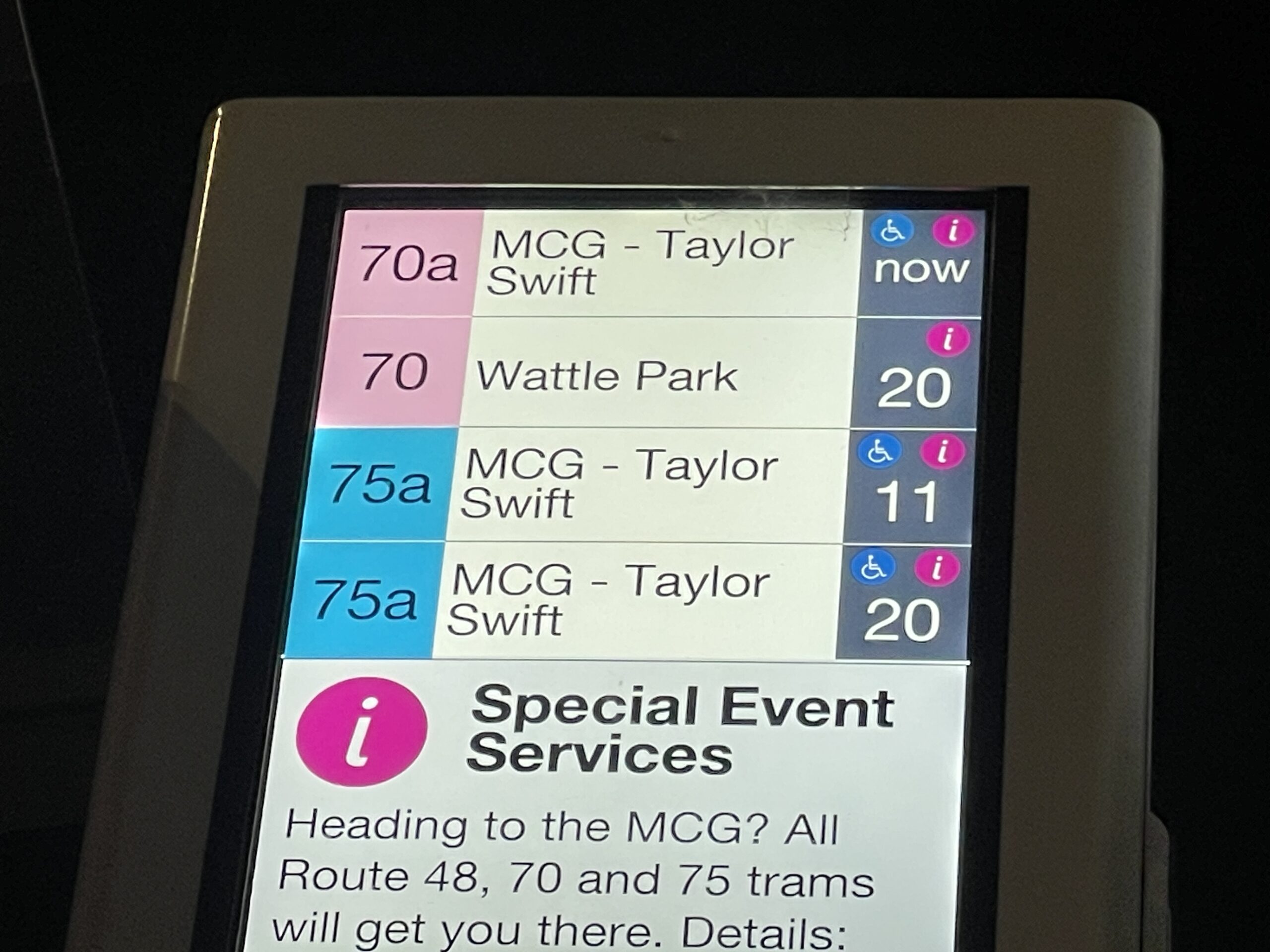 Taylor Swift tram timetable