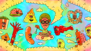 A trippy illustration of a man sitting on a cloud smoking weed, floating in the sky are different junk foods like