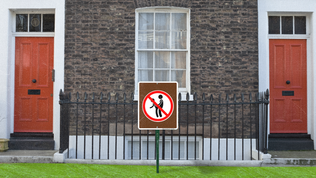 An artwork shows a sign prohibiting sex outside of the front doors of two flats.