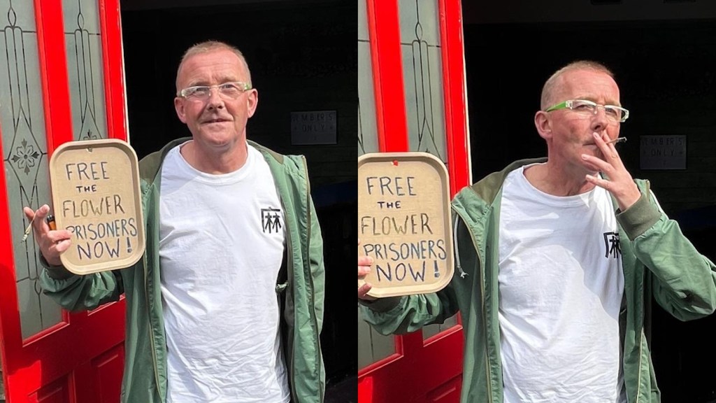 Two photos side by side of a man holding a protest sign and smoking