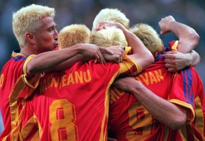 A group of football players with dyed blonde hair.