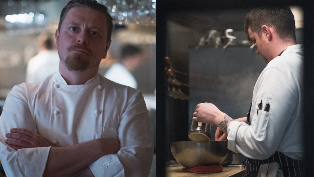 Two photos side by side: one of a chef with his arms crossed, the other of a chef pouring into a pot