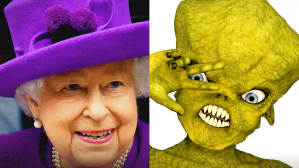 queen elizabeth and a lizard person alien illustrat