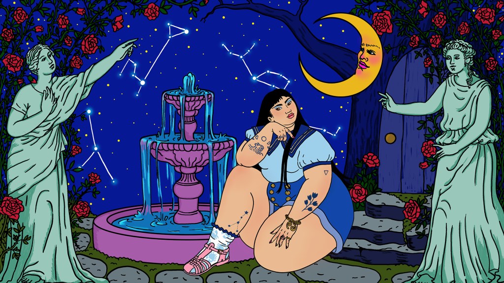 cancer weekly horoscope illustration of woman with constellation and moon and statues