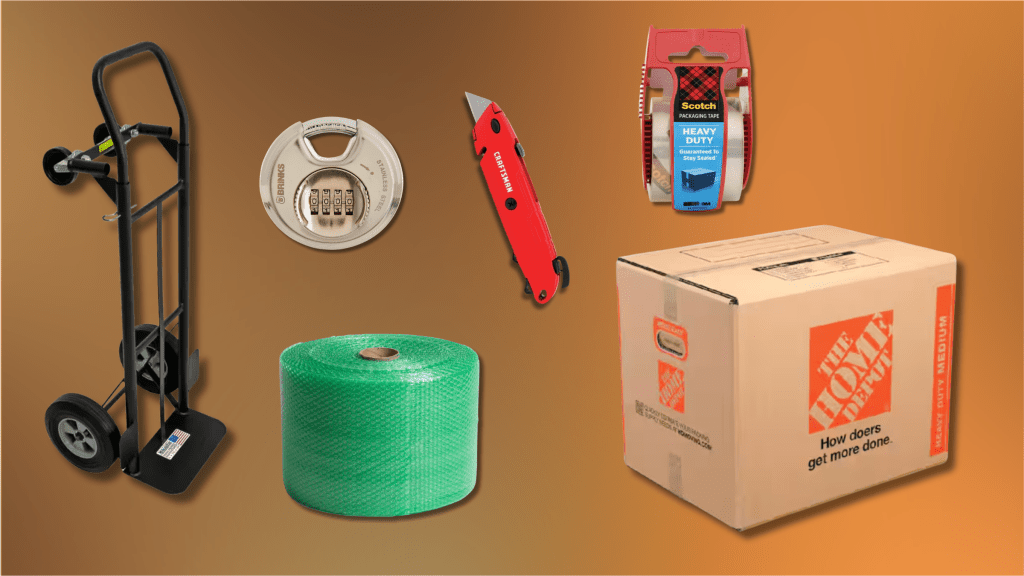 collage of moving supplies with hand truck cardboard boxes bubble wrap utility knife and tape