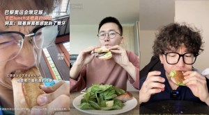 Three portrait photos of people eating sandwiches and not enjoying them