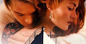 detail of the poster for James Cameron’s film, “Titanic,” featuring Leonardo DiCaprio and Kate Winslet