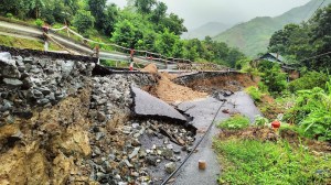 A section of a road collapses in Vietnam's northern province of Thanh Hoa, Sept. 9, 2024. Photo by Xinhua/Shutterstock.