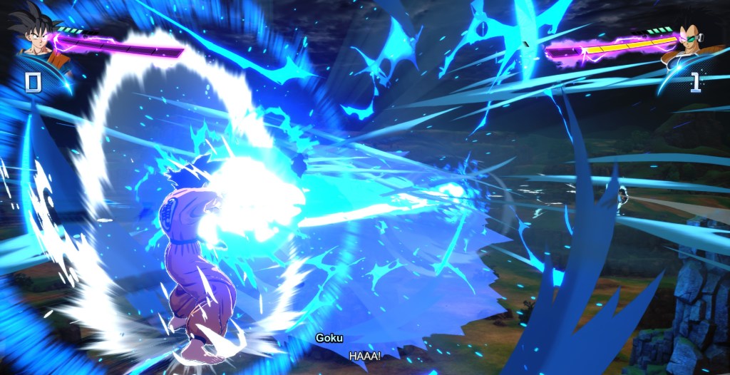 Goku performing the Kamehameha on Radditz in Dragon Ball: Sparking Zero