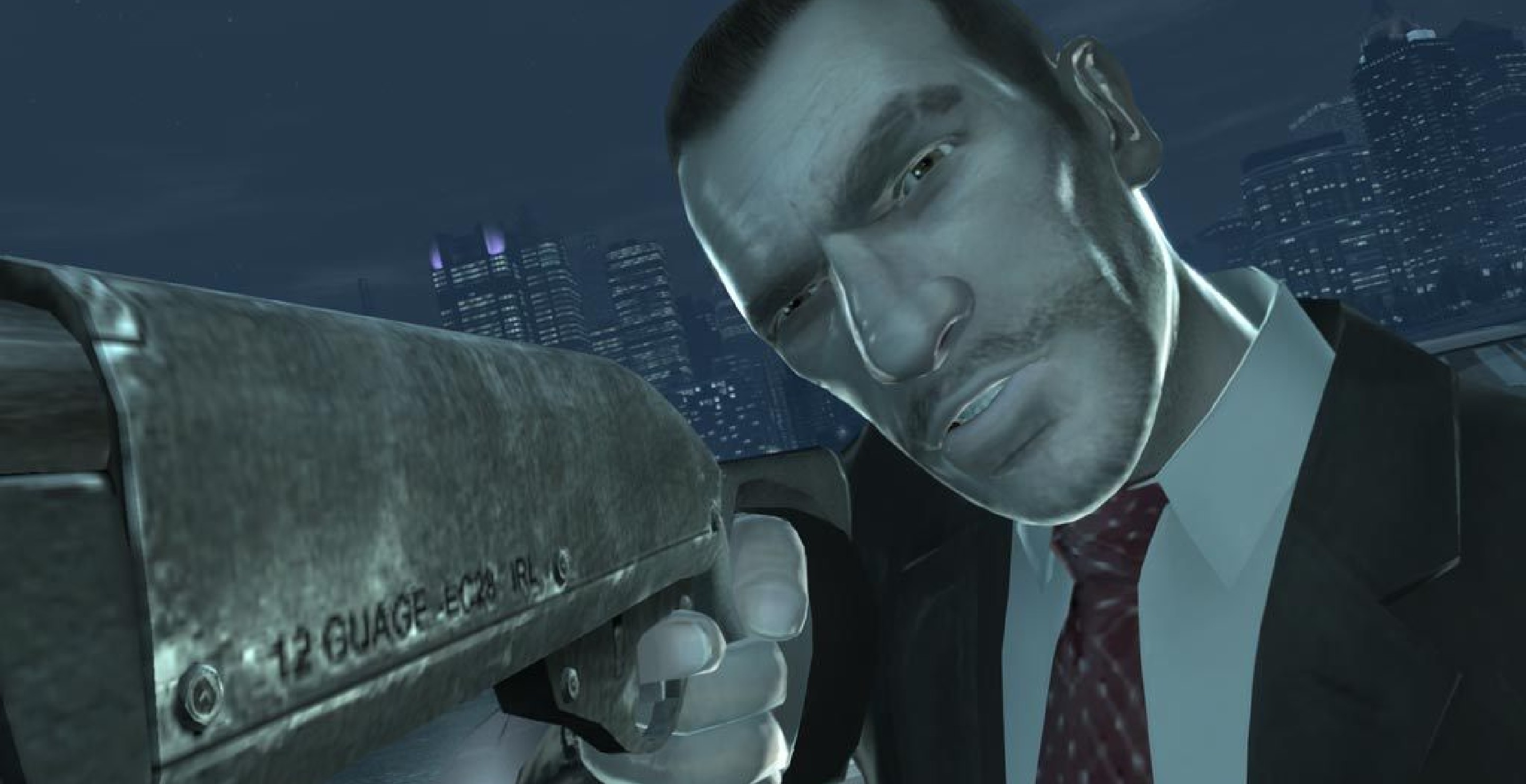 Niko Bellic aiming down a gun barrel in GTA IV