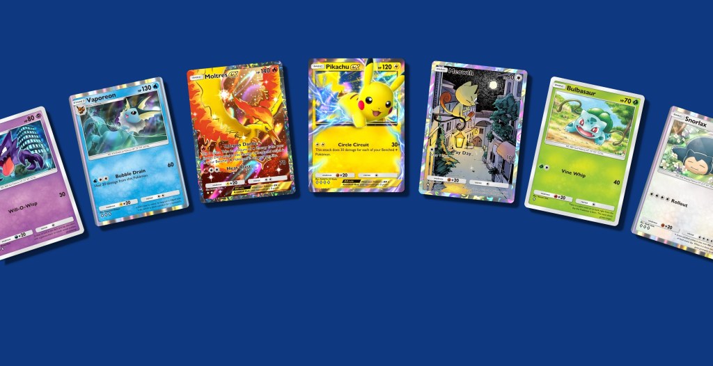 A spread of digital Pokemon cards from the Pokemon TCG Pocket app