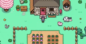 A character standing outside of their home in Fields of Mistria