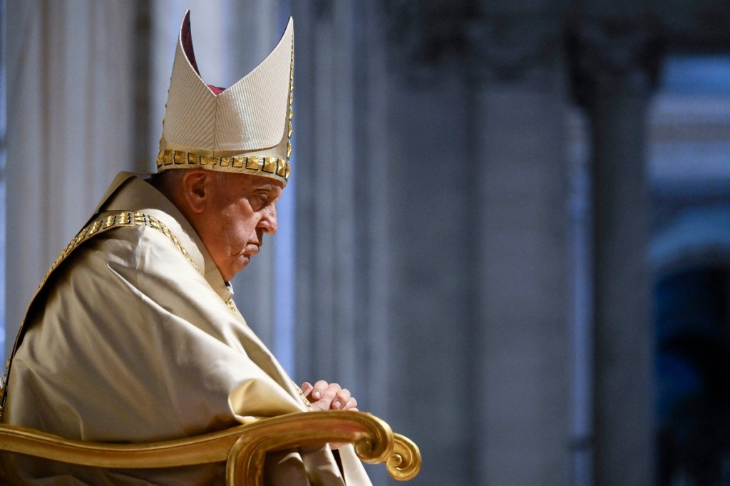 Pope Francis presides over the Solemn proclamation of the Bull of Indiction of the 2025 Jubilee during a ceremony in St Peter’s Basilica on Ascension Thursday on May 09, 2024 in Vatican City, Vatican.