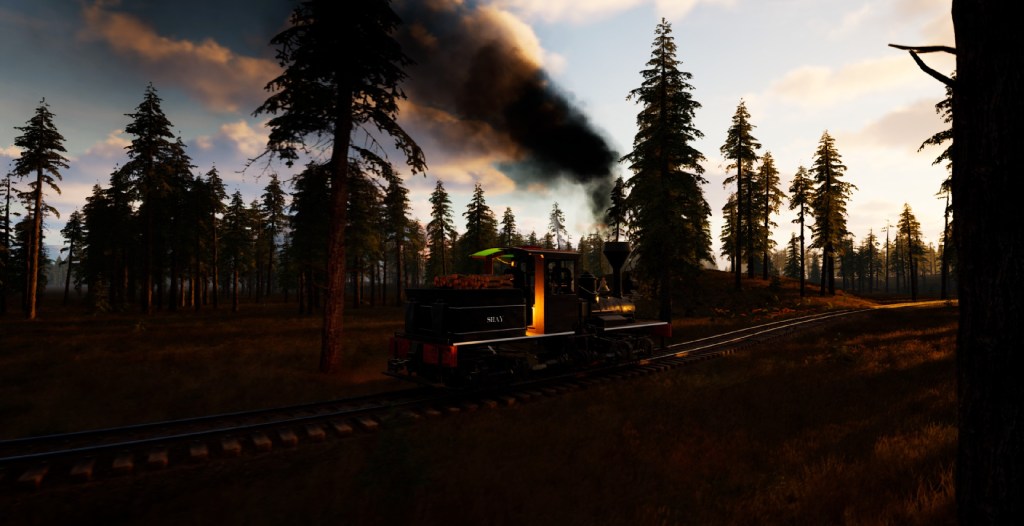 A train driving on the tracks in Railroads Online.