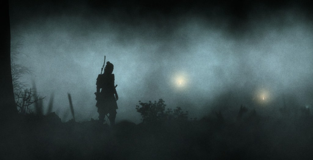 Takeshi standing in the shadows after a battle in The Spirit of the Samurai