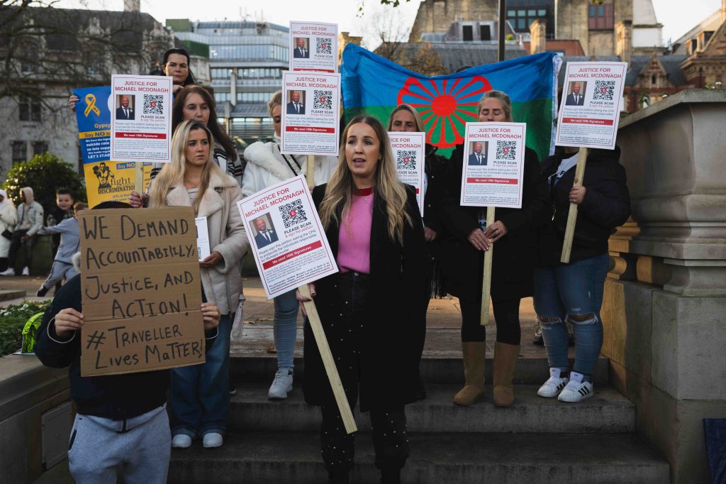 Stephanie McDonagh leads protests at a demonstration pushing for greater respect for the UK's Gypsy, Roma and Traveller communities, in central London in November 2024