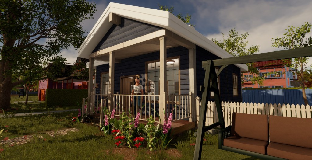 My wife standing on the porch of a building we bought and flipped in House Flipper 2